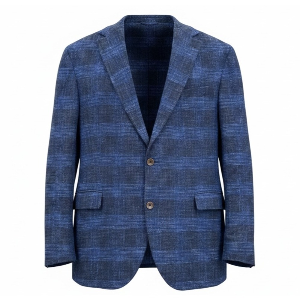 Williams & Kent Sports Coat 46L Midland Wool Silk Blend Navy Blue Plaid Mens 46L